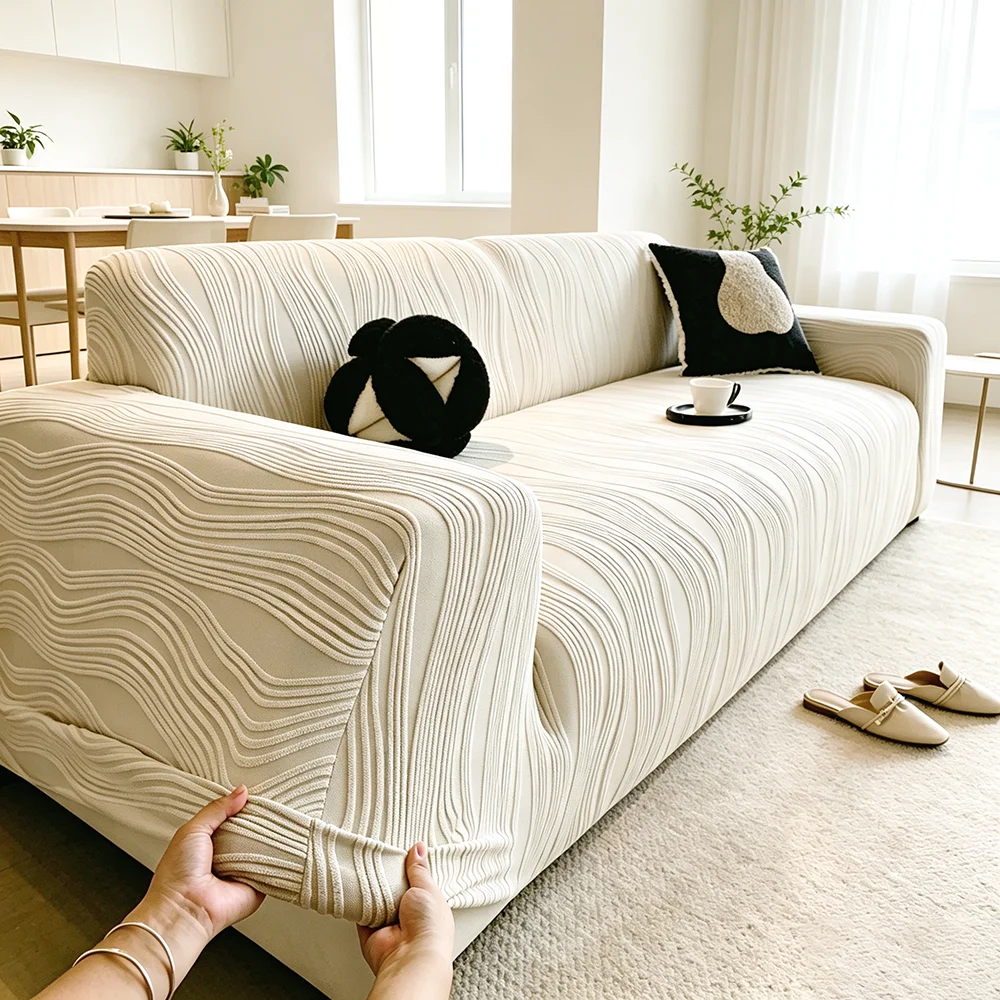 Striped Jacquard Sofa Slipcover High Elastic Pet Proof & Removable Dust-Proof Soft Couch Protector for Home Living Room