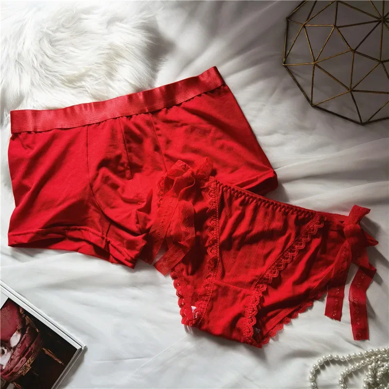 2Pcs Men and Women\'s Red Boxer Shorts, Underwear For Couples, New Year Red Panties, Sexy Woman Briefs