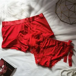 2Pcs Men and Women's Red Boxer Shorts, Underwear For Couples, New Year Red Panties, Sexy Woman Briefs