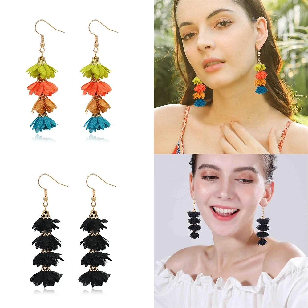 Fashion Tassel Dangle Drop Earrings for Women Chic Long Fabric Floral Petals Earring Boho Summer Vacation Party Jewelry Gift