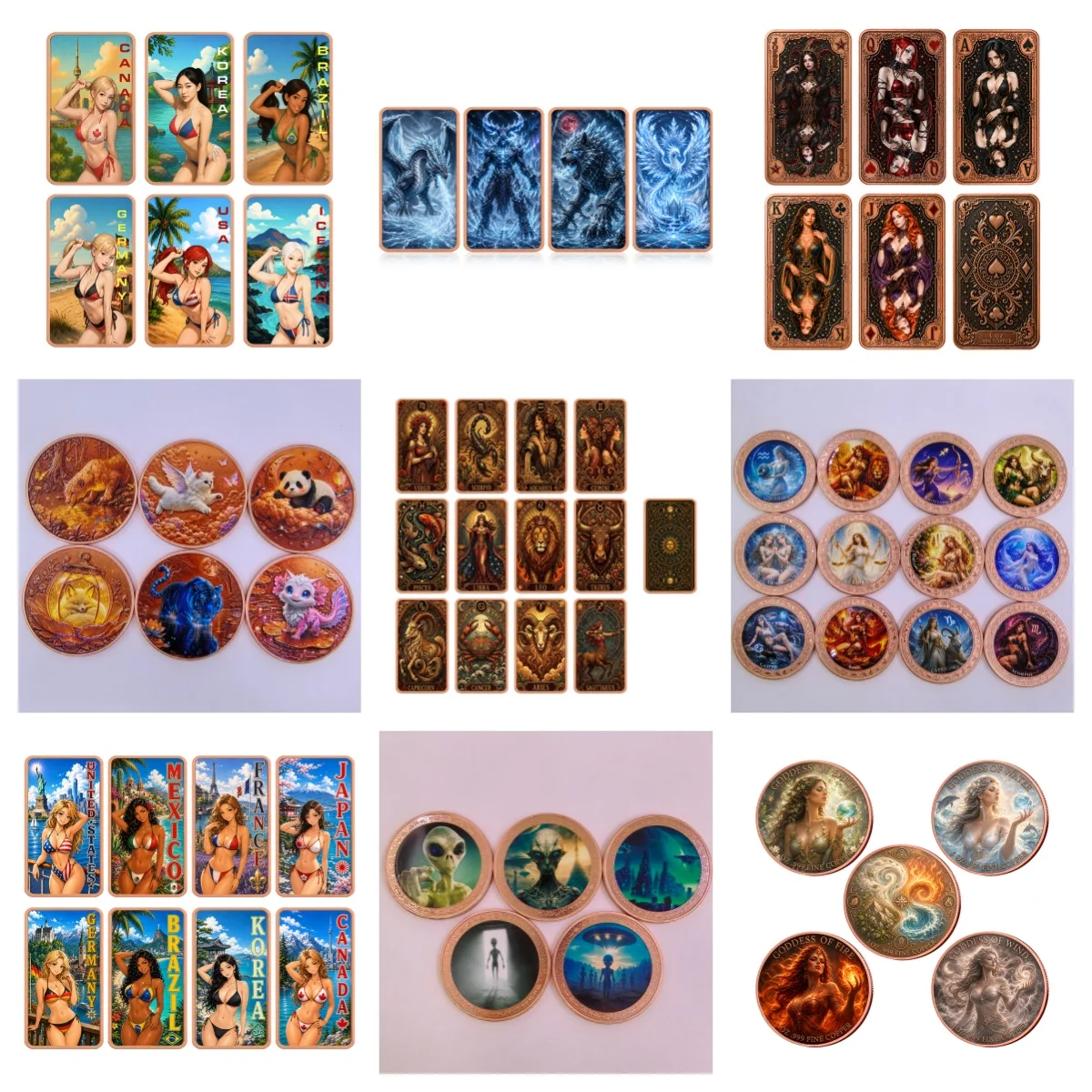 Multi Theme Color Printed 1oz .999 Copper Collectible Medal Non Currency Tarot Dragon Mermaid Alien Vintage Lady Metal Coin&Bar