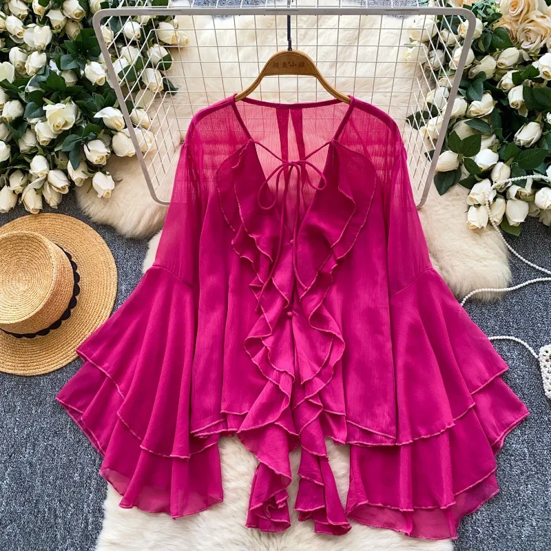 

French V-neck Flare-sleeved Chiffon Shirt Women's Summer Ruffled Spliced Lace-up Short Blouses Casual Tops Loose Elegant Shirts