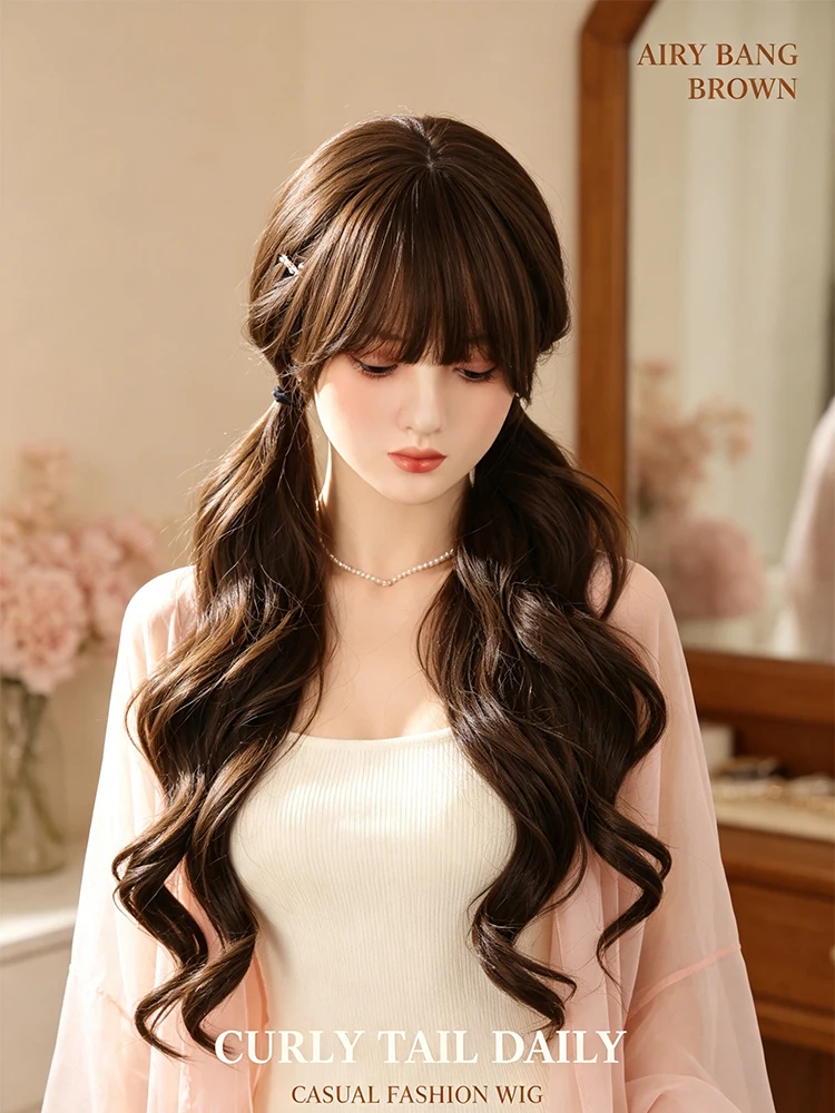 Synthetic 30 Inch Gray Brown Twin Tails With Bangs Wig Halloween Cosplay Heat Resistant Fiber Hair Accessories For Women