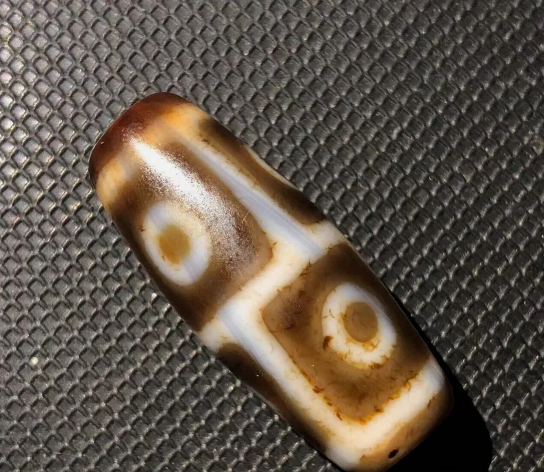 Magic Tibetan Old Agate longevity 6Eye Cinnabar Totem dZi Bead 14.2*35mmN005