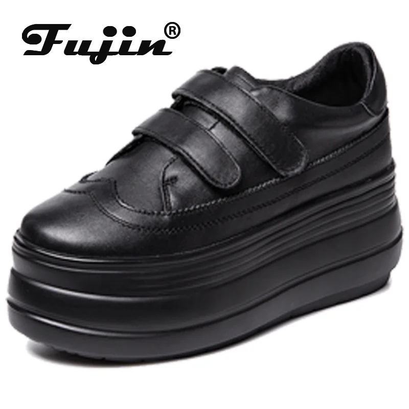 Fujin Genuine Leather Women Casual Shoes Hook Loop Platform Wedge Women Fashion Sneakers Spring Autumn Warm Fur Winter Shoes