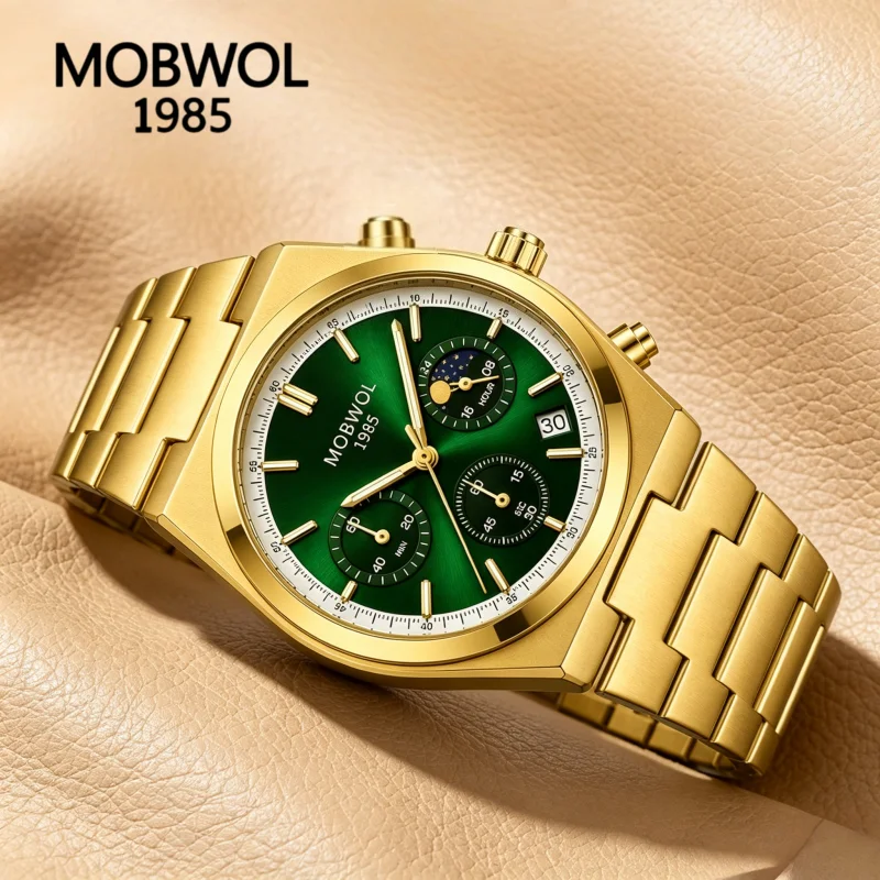 Reloj de cuarzo con cronógrafo MOBWOL para Hombre, resistente al agua hasta 3ATM, fecha luminosa, Reloj Formal elegante con esfera dorada y verde, Reloj para Hombre