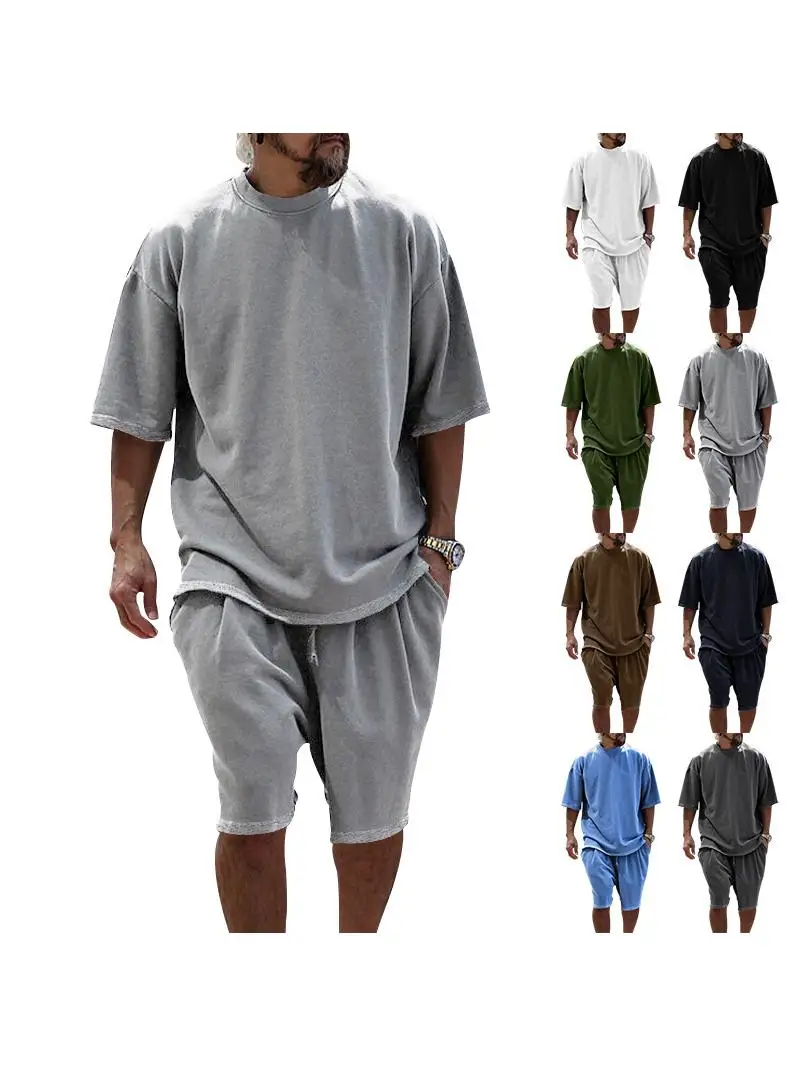 

Новый мужской спортивный комплект большого размера: футболка с коротким рукавом и шорты для весны/лета. Цветная мужская спортивная одежда.