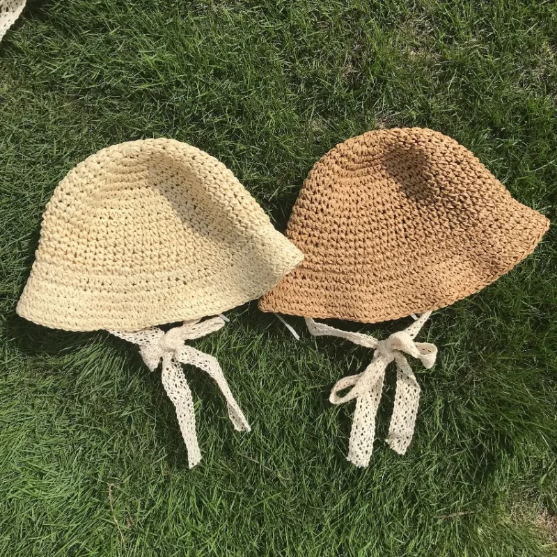 Summer Korean Baby Boy Girl Straw Hats Lace Strap Crochet Children Handmade Foldable Sun Cap Lace Beach Sun Outdoor Hat view 3