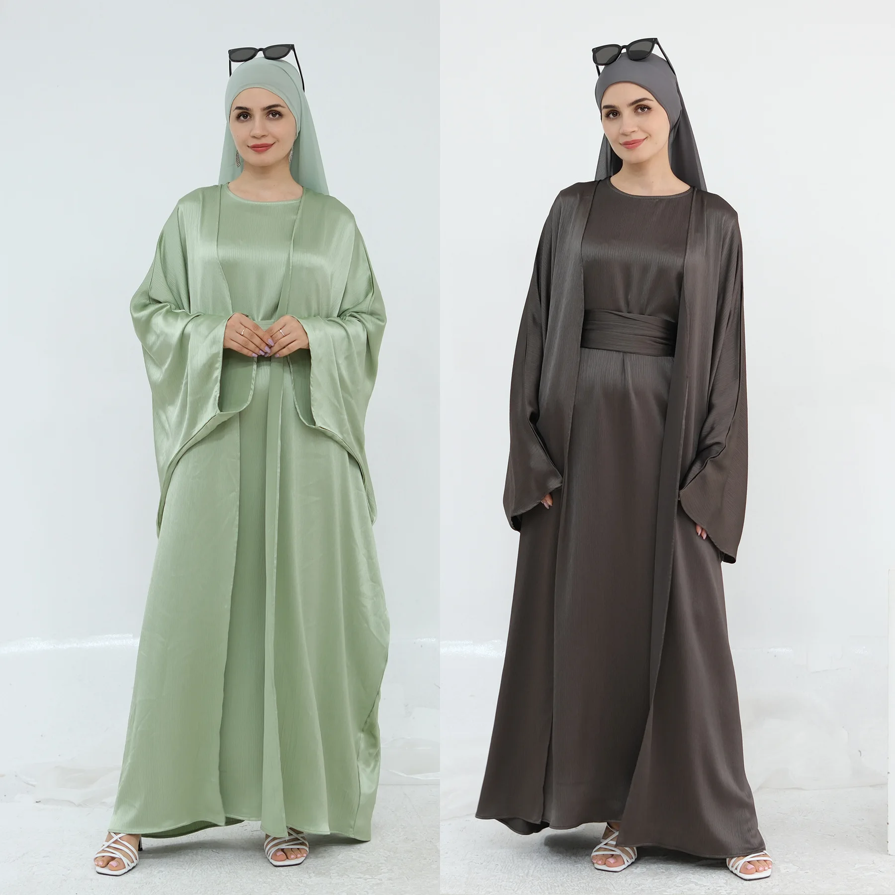 Conjunto de 2 piezas a juego Abaya abierto liso musulmán mujeres cárdigan vestido interior traje Dubai Kaftan árabe islámico bata Ramadán Kimono vestido