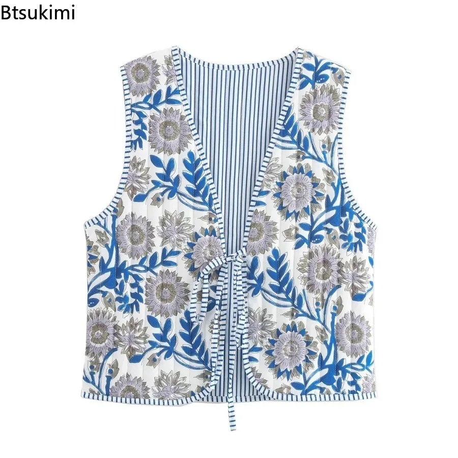 2025 Autumn Winter Women National Style Sleeveless Patchwork Floral Print Quilted Vest Jacket Fashion Ladies Lace Up WaistCoat