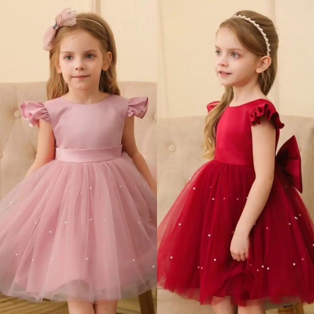 Fashion Red Pink Children's Bow Princess Dress‌ Big Bow Tulle Girls Puffy Dress Backless Piano Performance Costume 2-10 Years