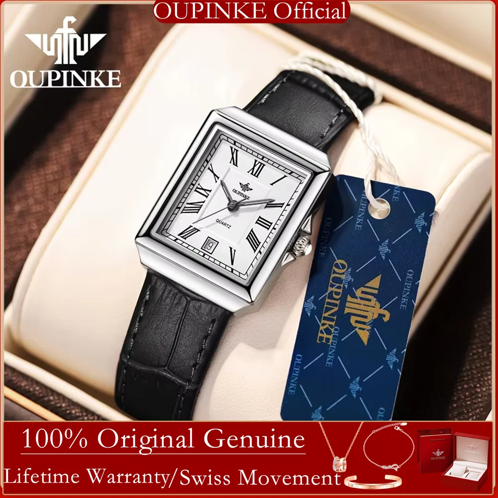 

OUPINKE 3182, женские часы со швейцарским кварцевым механизмом, ремешок из натуральной кожи, простые квадратные часы в стиле ретро, элегантные роскошные женские наручные часы