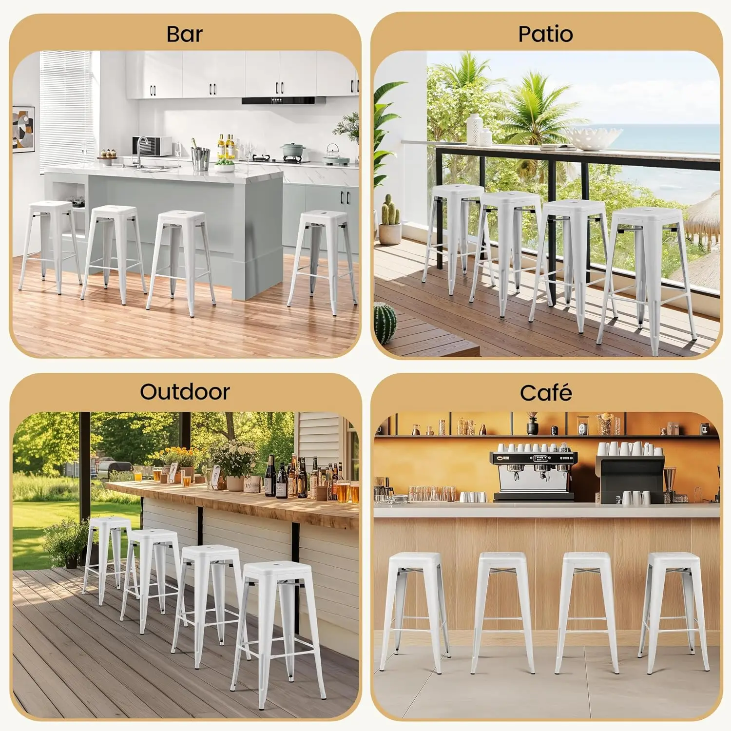 30 Inch Metal Bar Stools Set of 4 Stackable White, Customized