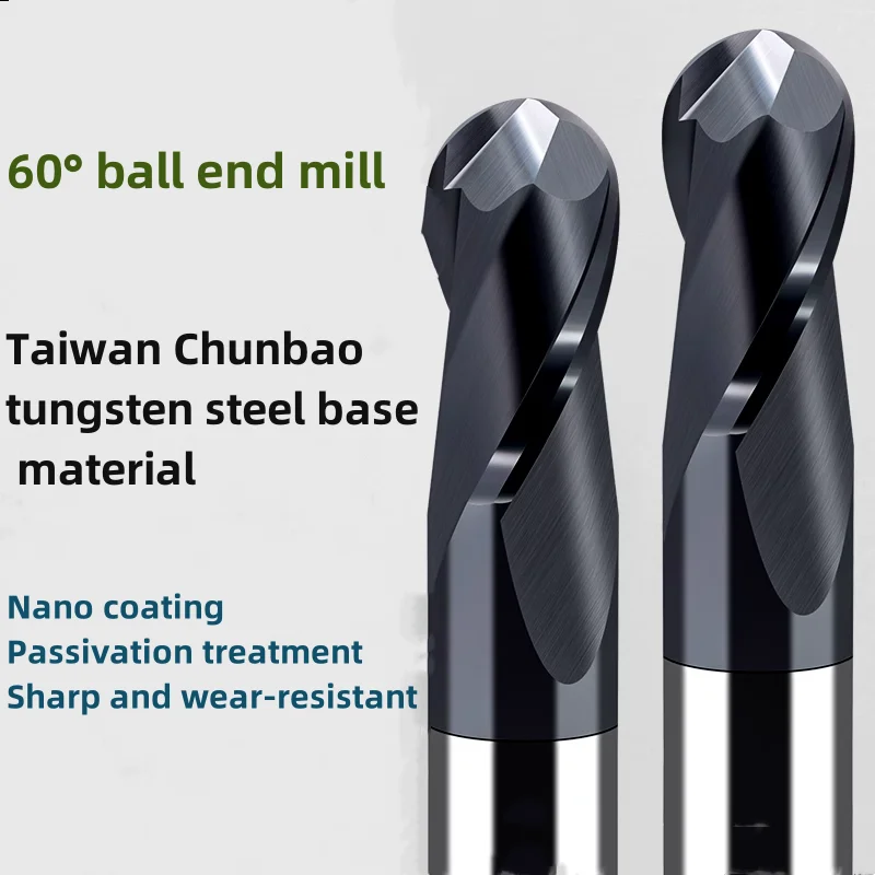 HRC60 Tungsten Steel Ball Nose End Mill 2 Flute Carbide Milling Cutter R0.5 0.75 1 1.25 1.5 2 2.5 3 4 5 6 CNC Machining Tool