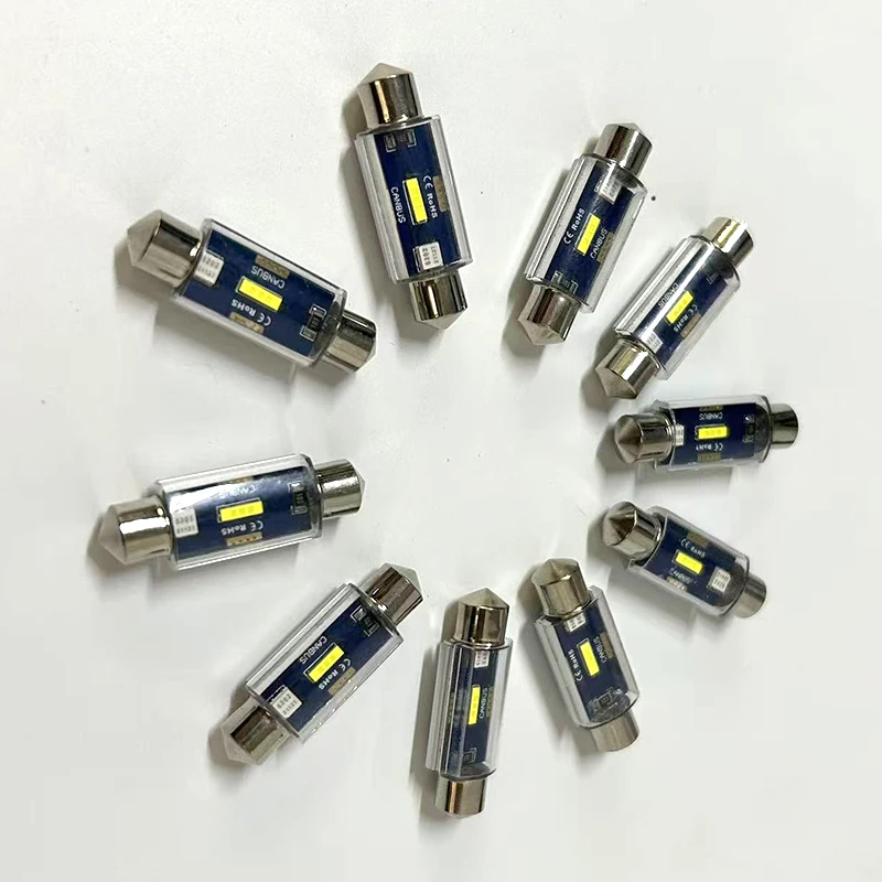 C5W LED bulb close up showing 3030 SMD LED chips and aluminium housing