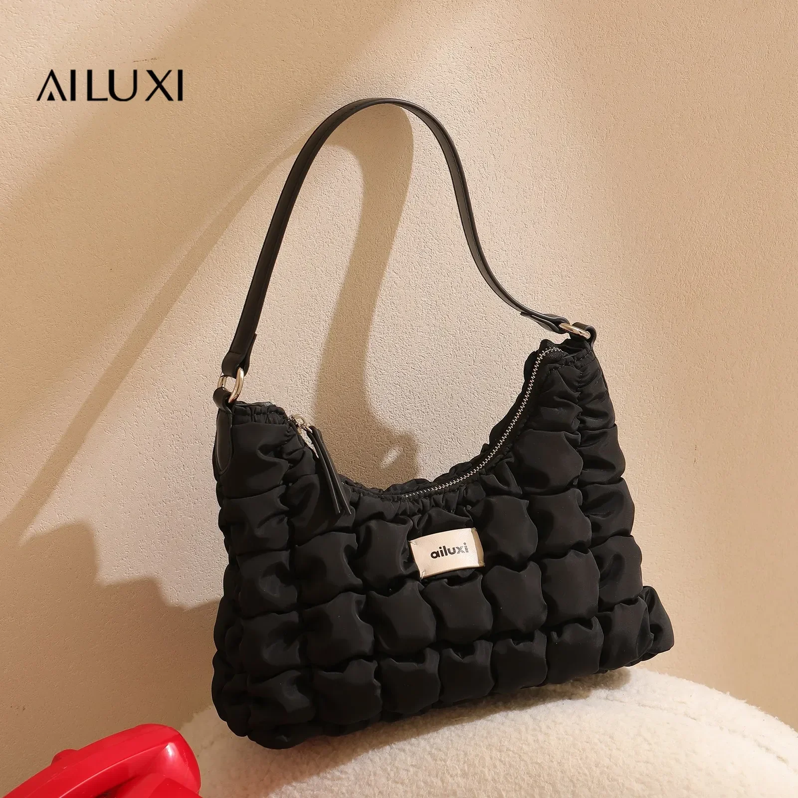 AILUXI Women Underarm Bag Black Pleated Cloud Vintage Handbag Original Designer Brand Autumn Winter Casual Bag Christmas Gift