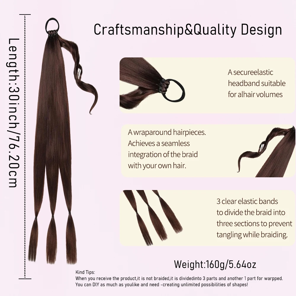 2/33  DIY Braiding Hair Ponytail Extensions, 30 Inch High Temperature Synthetic Wrap Around Ponytail Hairpieces with Elastic Tie