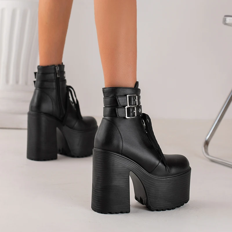 Double Belt Buckle Cross Lace Up Round Metal Hole Women\'s Ankle Boots Super High Platform Chunky Heel Side Zipper Short Boots