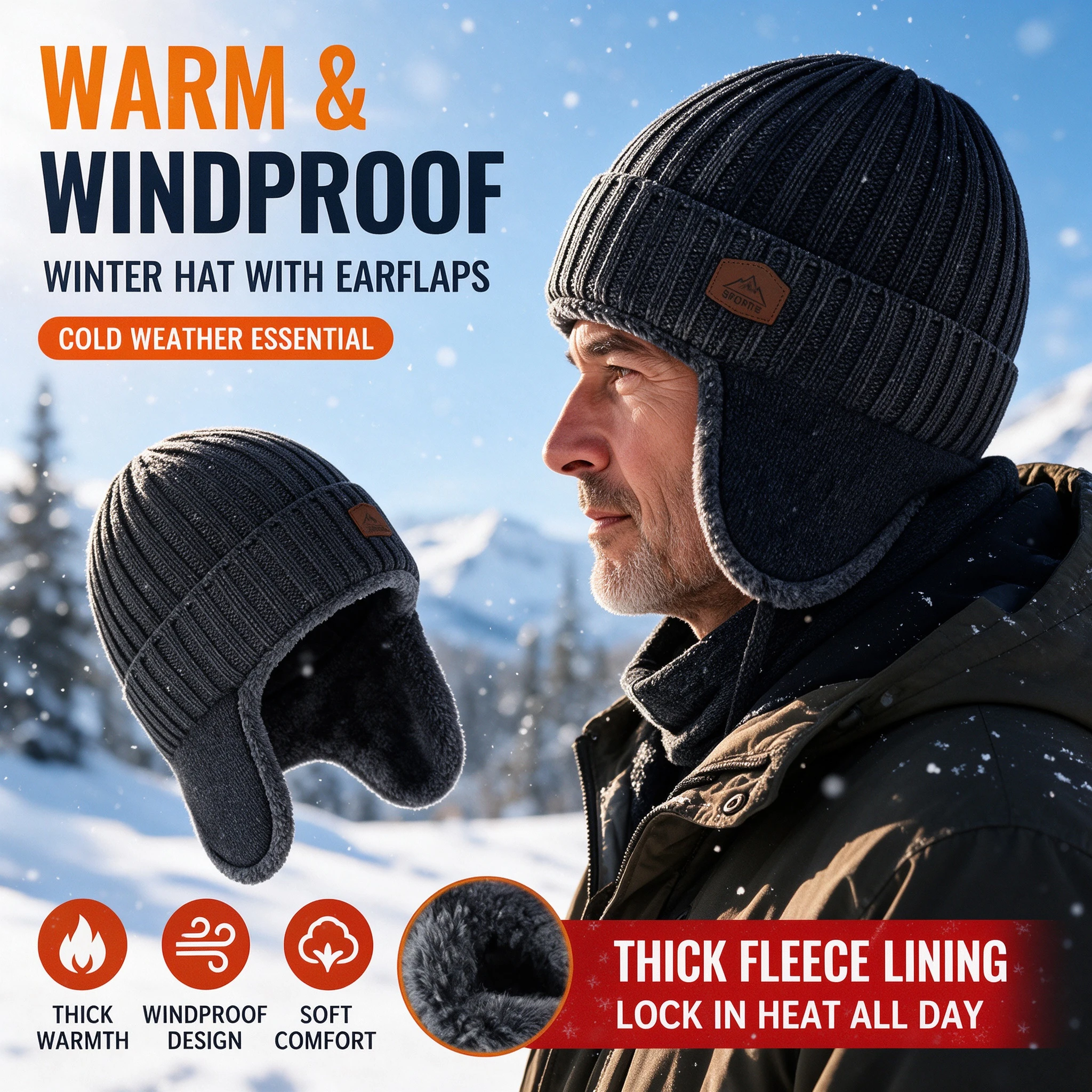Winter Hat for Men Thick Knitted Wool Beanie with Earflaps Warm Cap for Dad Grandpa Mature Gentlemen Cold Day