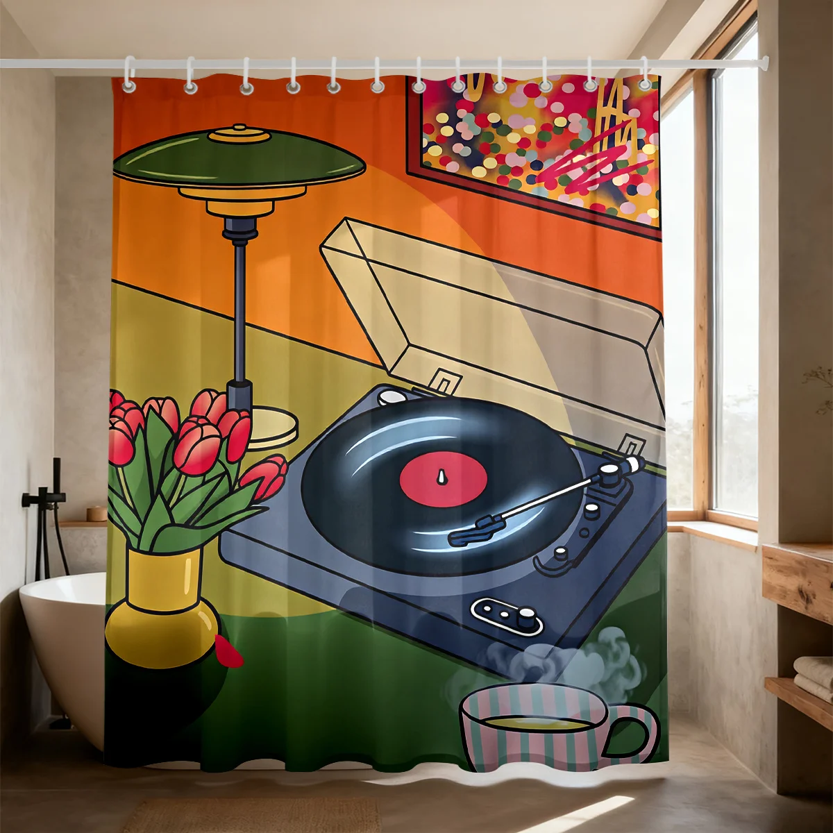 Retro Pop Art Record Player Tulip Print Bath curtain Soft t Lightweight Warm Sofa Bed Cover Vintage Vinyl Music