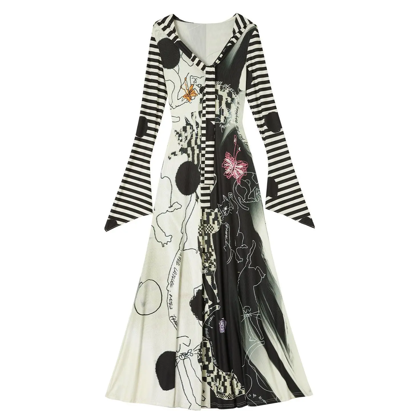 

Chasing Whimsy Hooded Dress Women Hand Drawn Cat Pattern Bodycon Slip Dress Mini Night Out Dress Playful Chic Casual Day