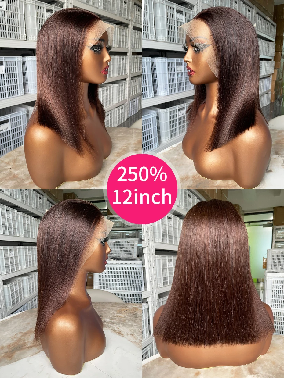 #2 Brown Chocolate Color 250 Density Lace Frontal Wig Human Hair Raw Vietnamese Double Drawn 13x4 Bob Lace Front Human Hair Wigs