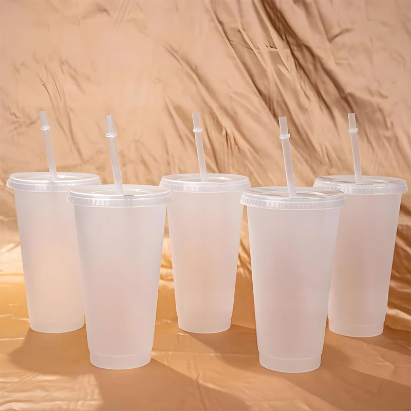 710ml White Straw Cup With Lid Color Change Coffee Cup Reusable Cup Plastic Tumbler Matte Finish Coffee Mug Couple Cup