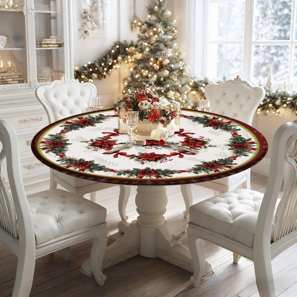 

Poinsettia Wreath with Red Ribbon Pattern Christmas Decor Elastic Tablecloth, Polyester Material, Suitable for New Year Family G