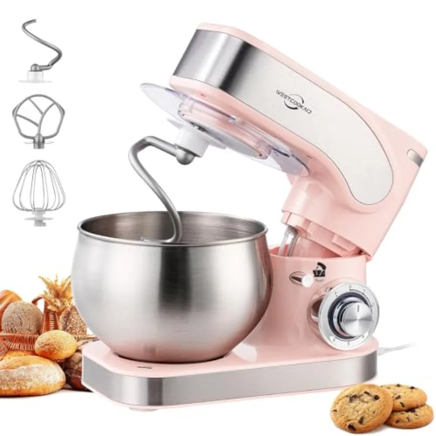 Batidora Eléctrica de Pedestal 5.3QT, Batidora de Cocina con 6+ Velocidades, Cabezal Inclinable, con Batidor de Varillas para Crema y Huevos, Gancho Amasador y Batidor Plano B