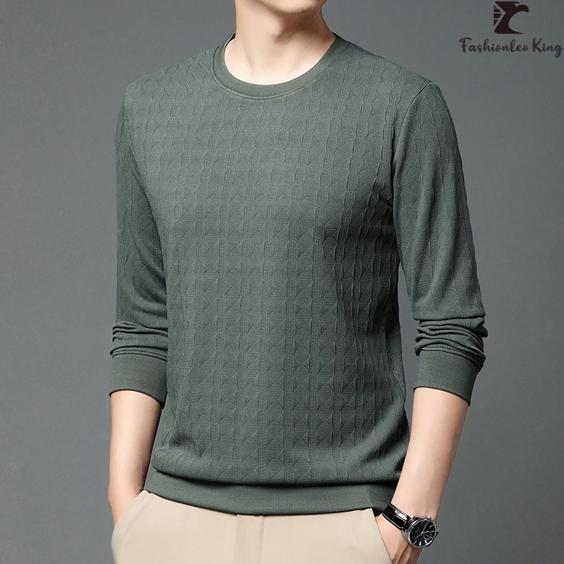 Fashion Men's Luxury Oversized Jacquard Weave Long Sleeve T-Shirt Male Casual Basic Shirt Wear