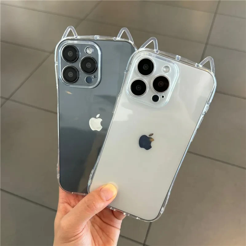 Custodia per telefono trasparente con orecchio di gatto 3D per iPhone 11 12 13 14 15 16 Pro Max X Xs XR 7 8 Plus Cover posteriore trasparente antiurto