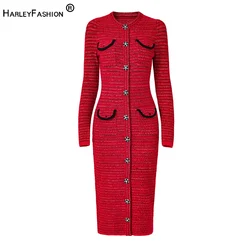 2024 primavera stile francese Chic splendido Design diamanti bottoni tessuto solido rosso e blu reale Tweed donne vestito Midi dritto