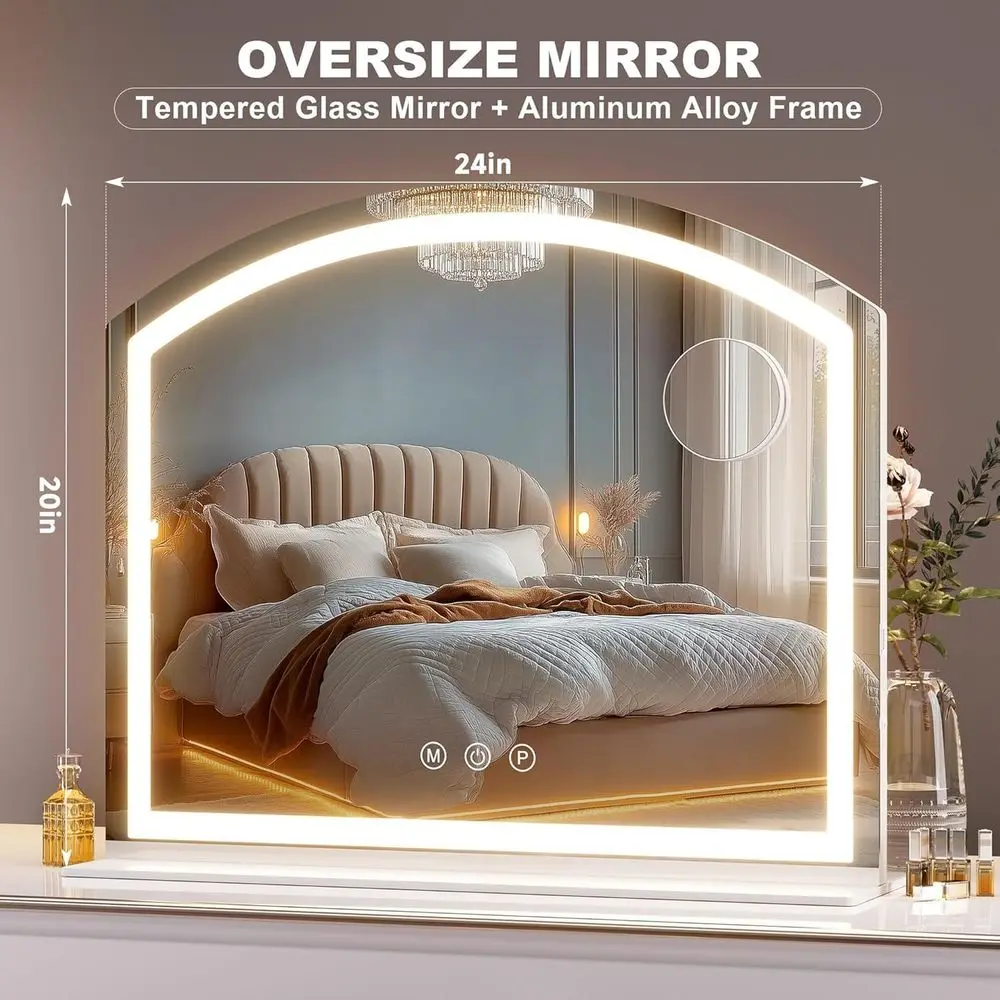 Beleuchteter gewölbter Kosmetikspiegel, 24 x 20 LED-Schminkspiegel mit 10-facher Vergrößerung, USB-Aufladung, dreifarbiges dimmbares Licht