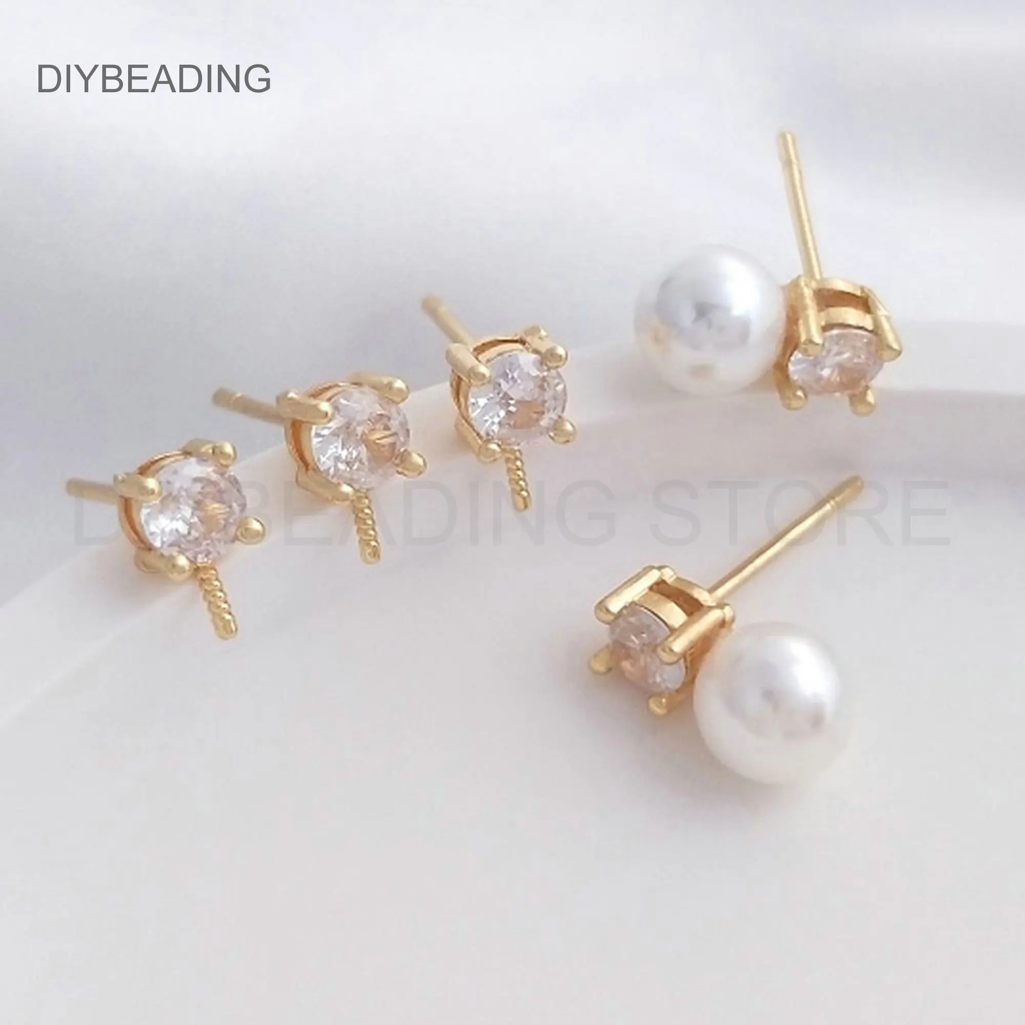 Half Drilled Pearl Stud Earring Post Finding for Jewelry Making 14K Gold Plated Mini CZ Stud Earring Component with Peg Bail