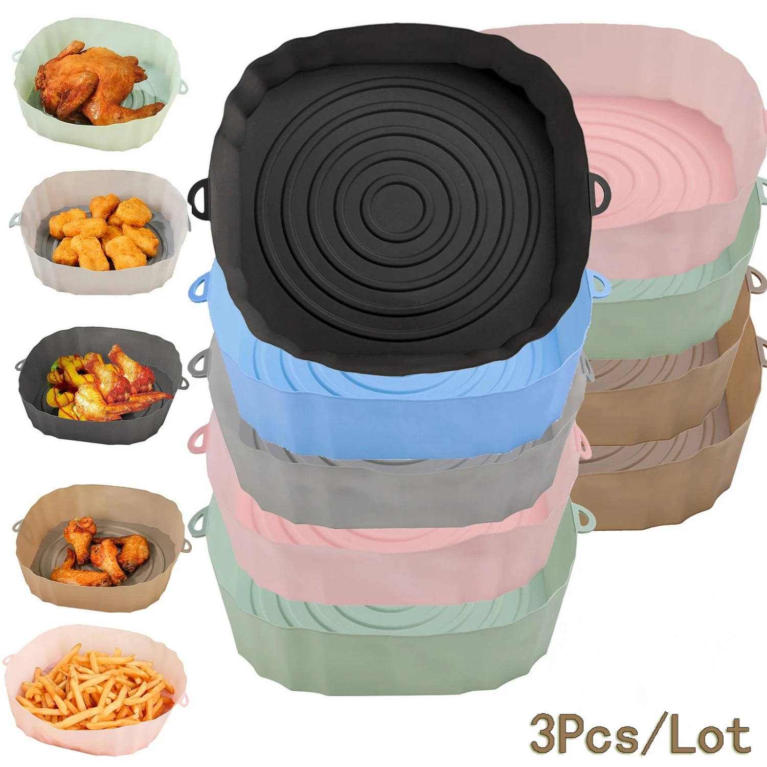 3pcs, Silicone Air Fryer Liners (7.09''), Air Fryer Liner Pots, Silicone Basket Bowls, Reusable Baking Trays, Oven Accessories, 