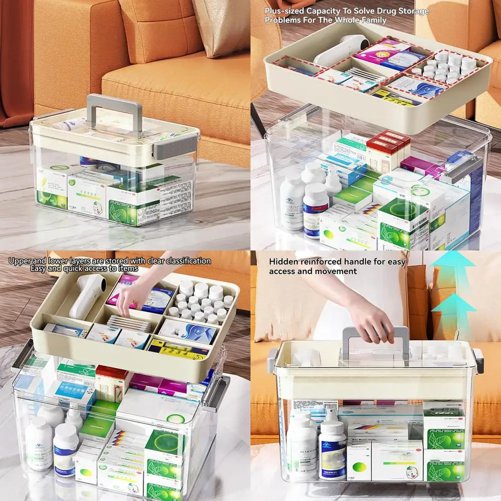 

Clear Plastic 2-Tier Medical Storage Box with Handle, Portable First Aid Organizer for Home and Travel Use