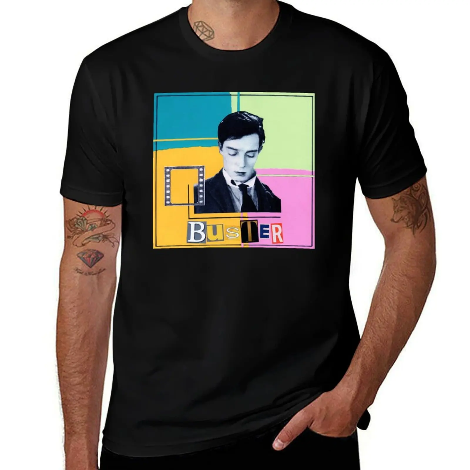 Buster Keaton Quadrants Collage T-Shirt Vintage Print Crew Neck Tee