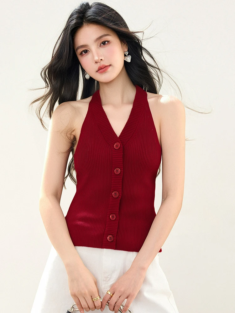 ソリッドカラーニットベスト女性のための 2025 夏の新 V ネックノースリーブトップス韓国スタイルのファッションタンクトップ