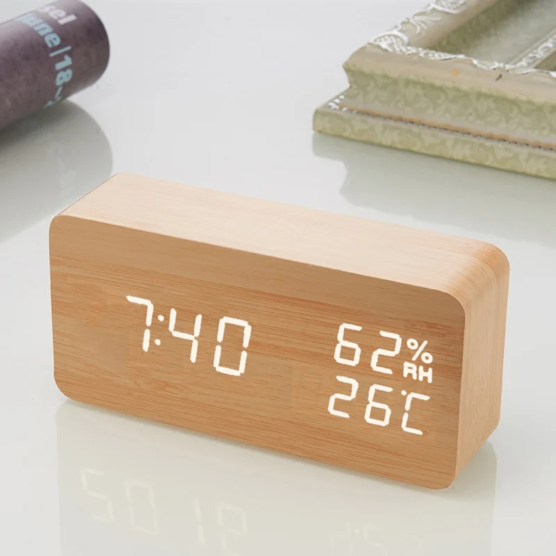 Wood Alarm Clock LED Table Clocks Desktop Voice Control Digital Clock for Bedroom Electronic Thermometer USB/AAA Powered