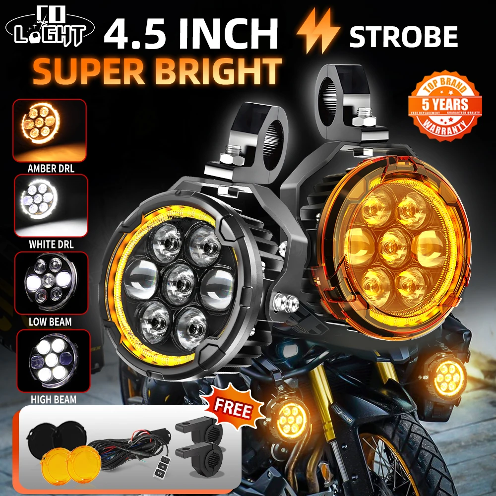 CO LIGHT Offroad-Nutzung Zweifarbige 7 LEDs 4,5 Zoll Motorrad-LED-Fahrscheinwerfer Bernstein-Weiß-Ring DRL Stroboskop-Blitz Fern- und Abblendlicht
