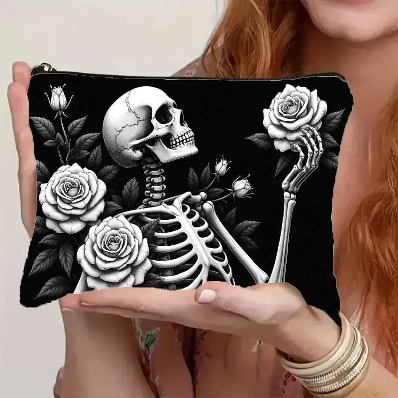 1pc Halloween Theme Skull White Rose Print Makeup Bag perfect for storing cosmetics, stationery, cables, snacks, toiletries