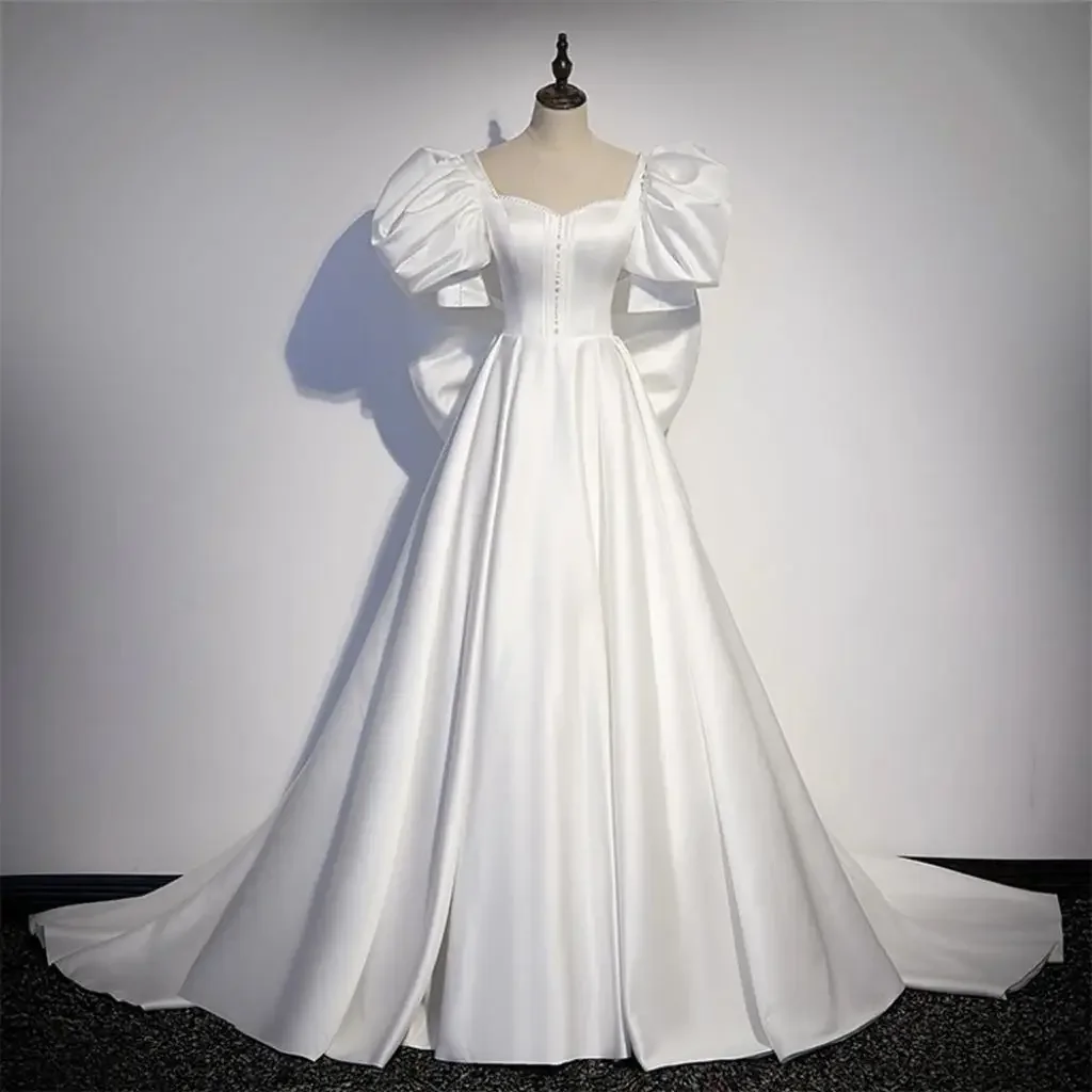 Customzied2025 Beauty-Emily Wedding Dresses Long Satin Luxury Puff Sleeves Bridal Elegant Brides Gowns for Wedding Party Big Bow