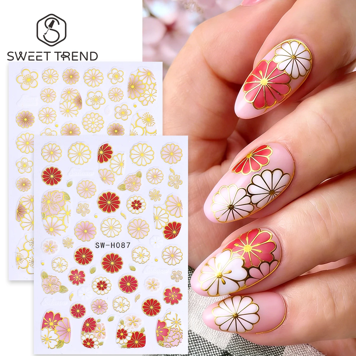 2 Stück Japanischer Stil Gänseblümchen Nagel-Bronzing-Aufkleber Metallische Goldlinie Blumen-Blatt-Klebeaufkleber Frühling Sommer Maniküre Slider