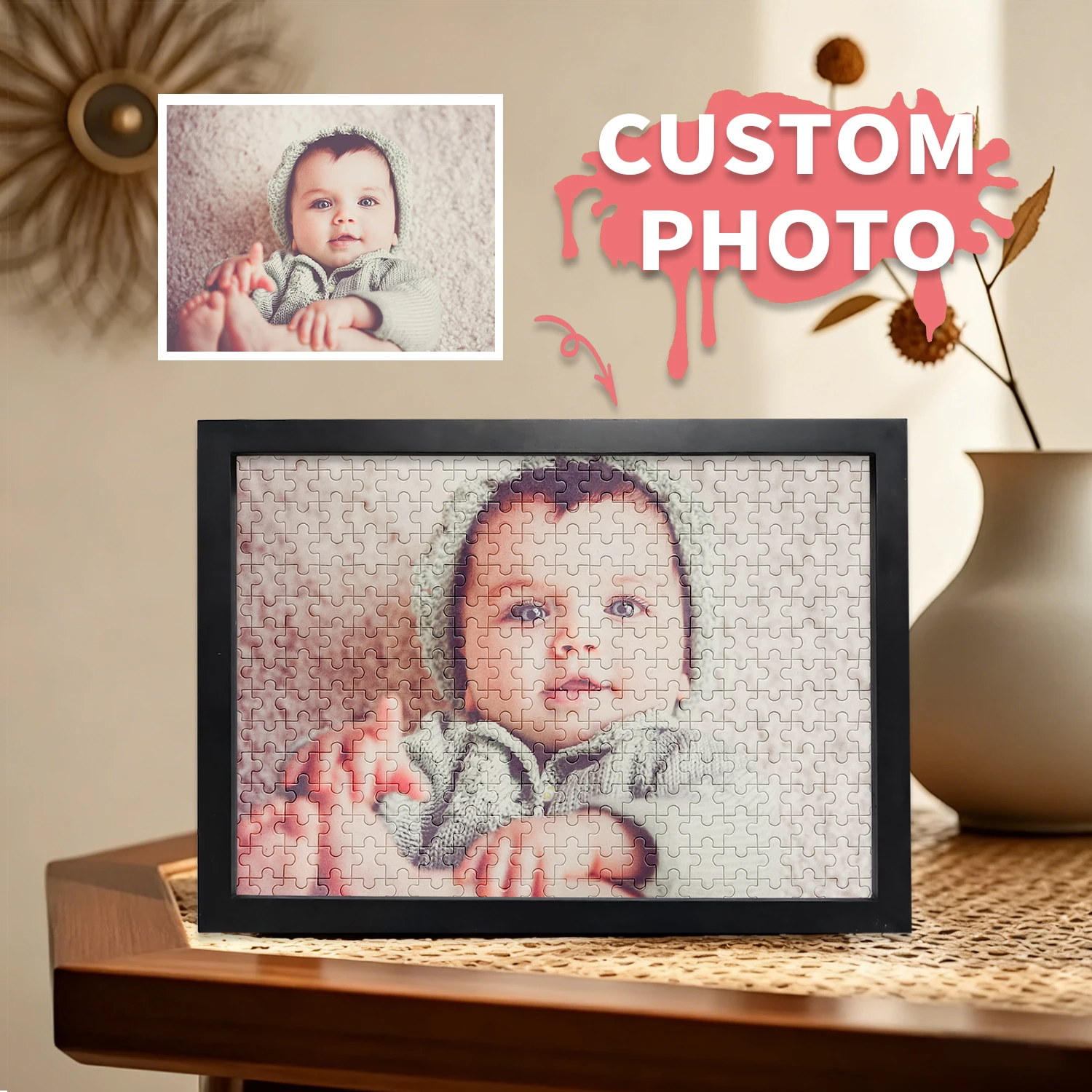 1 قطعة صورة مخصصة ، مع الإطار أو الألغاز فقط ، لغز شخصية على شكل قلب ، بانوراما صورة زوجين ، هدية بانوراما مخصصة للعطلات