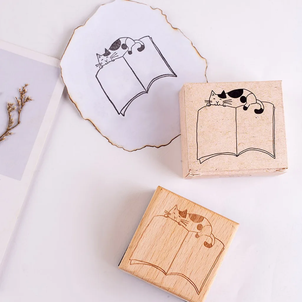 Cute Cat Pattern Wooden Stamp for DIY Journal Planner Scrapbooking Schedule Planning Handcraft Notebook Vintage Decoration