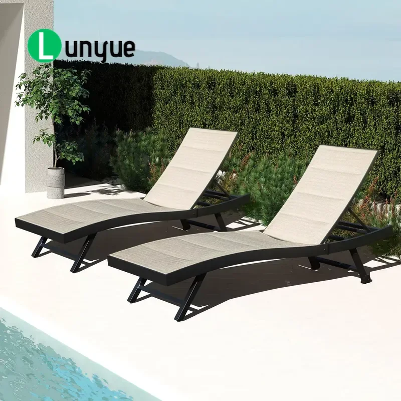 Outdoor Aluminum Terrace Lounge Set 2 Oversized Sun Loungers with Wheels for Pool Beach Patio Garden Furniture Durable