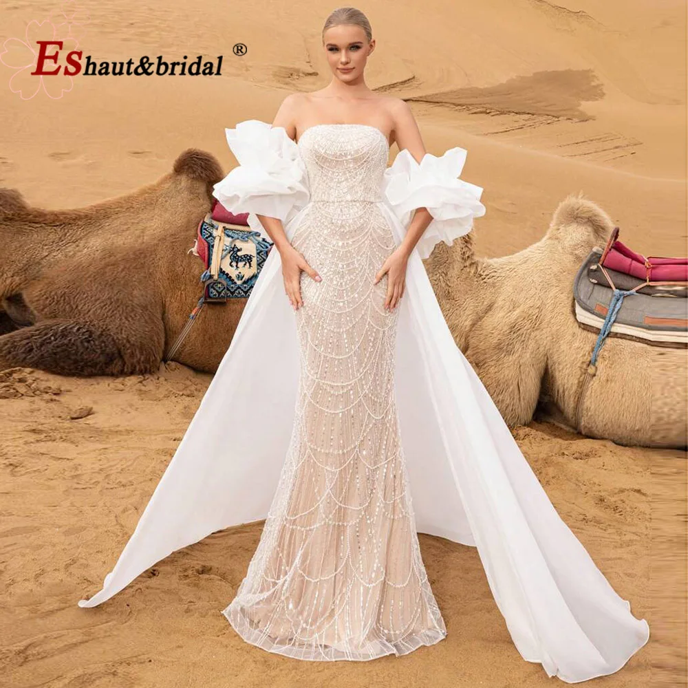 

Elegant Strapless Mermaid Evening Dress with for Women 2026 Luxury Dubai Pearls Long Formal Prom Wedding Party Gown Customized