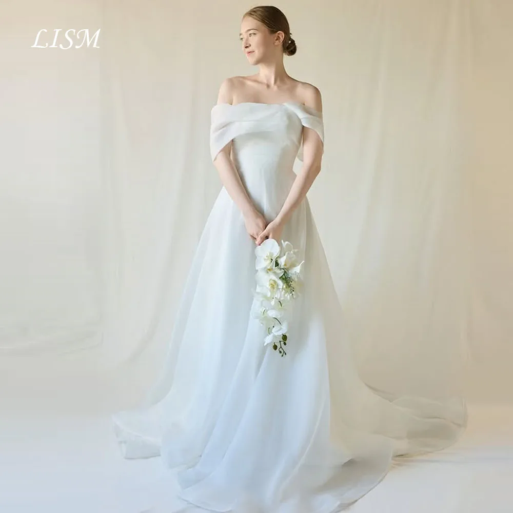 LISM Simple Off Shoulder Korea Wedding Dresses A-Line Soft Organza Photo Shoot Elegant Bridal Gowns 웨딩드레스 Customized