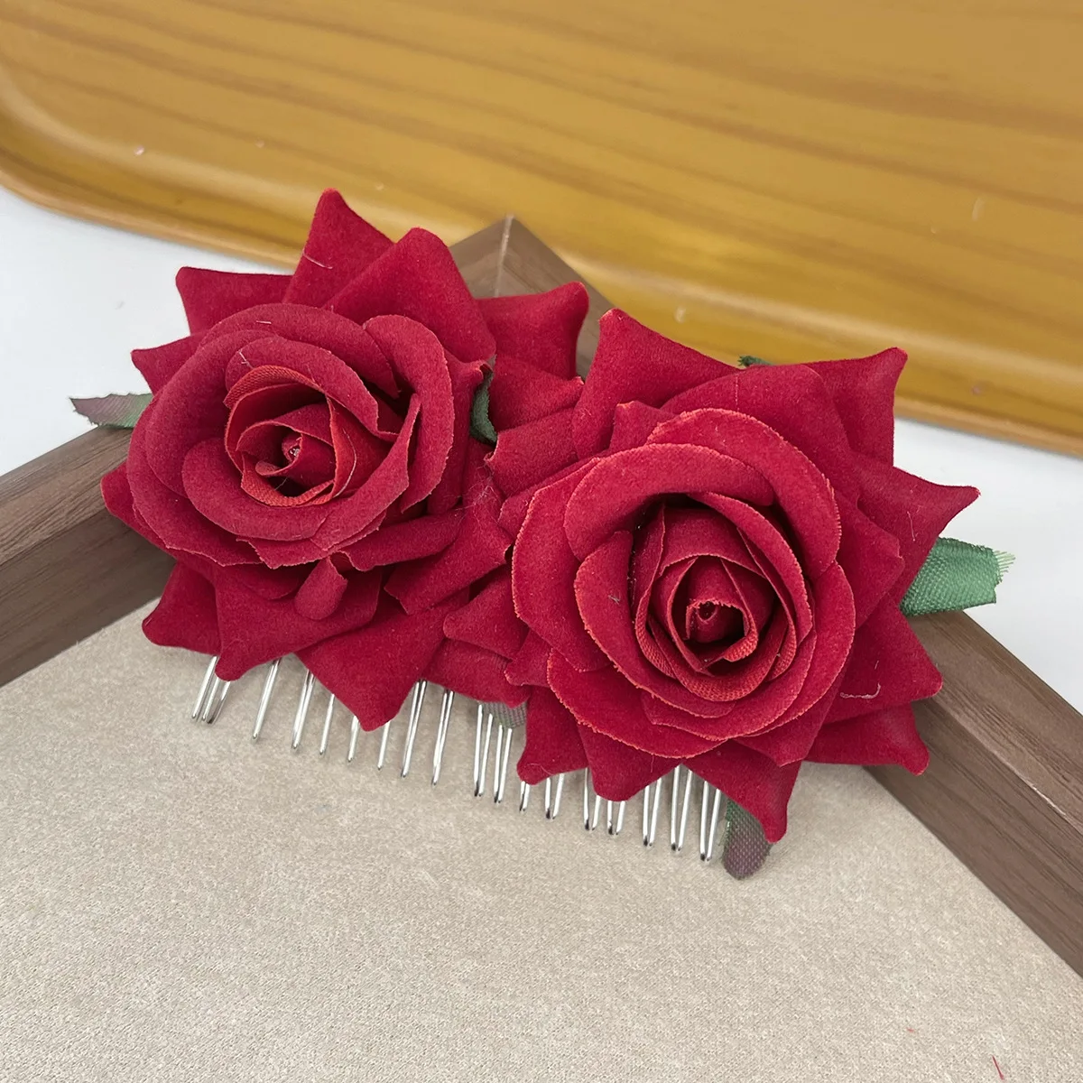 1pc velvet rose hair clip, metal brush hairpin hair comb, vacation wedding hair ornament view 4