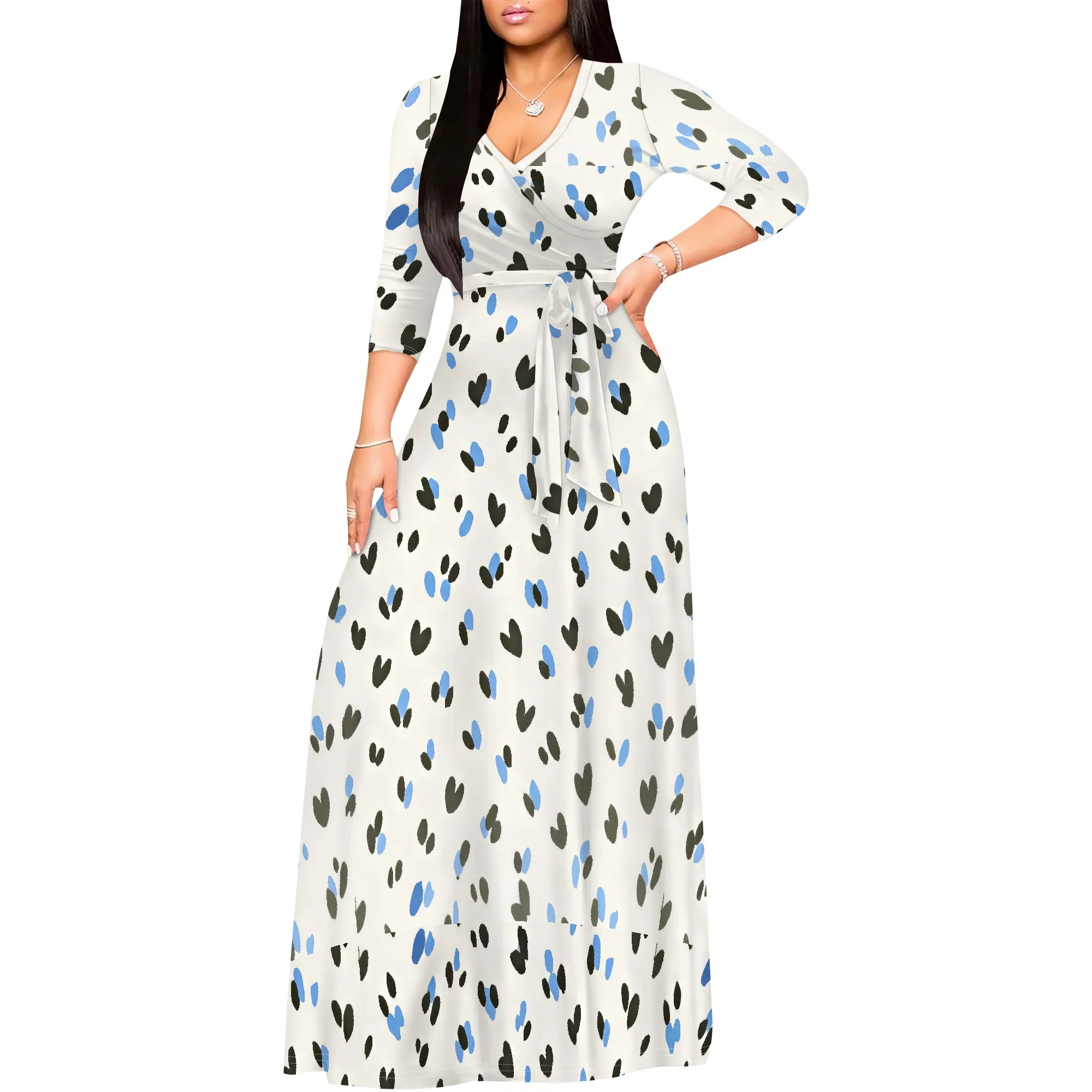 Abito lungo da donna con scollo a V, casual, maniche a 3/4, abiti lunghi sexy, floreali con cintura